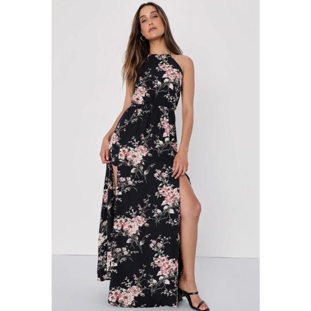 Lulus Feel the Music Midnight Blue Floral Print Maxi Dress Size XS
